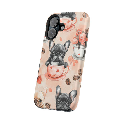 French Bulldogs in Heart Teacups MagSafe iPhone Case – Cute Dog & Floral Design, Shockproof Protection