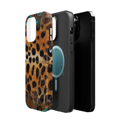 Rustic Leopard Print Tough MagSafe iPhone Case – Distressed Turquoise and Animal Pattern with Dual-Layer Protection