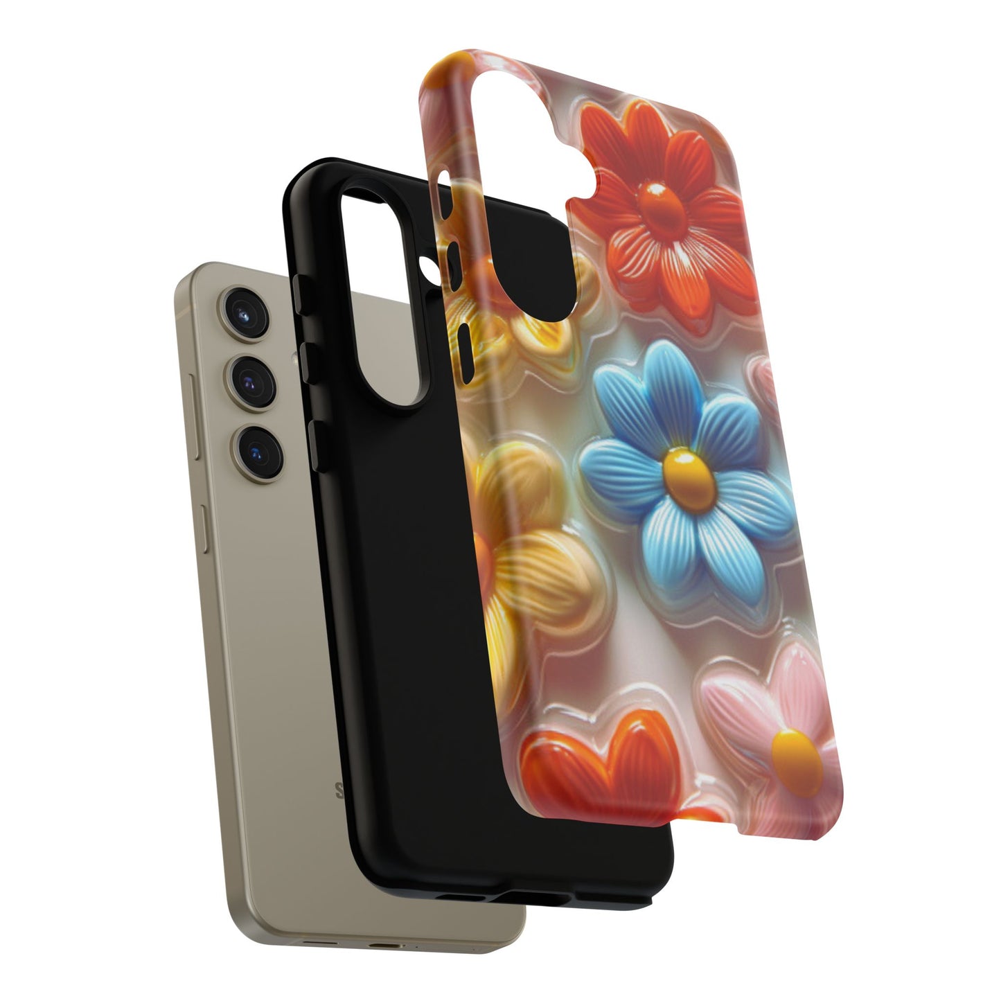 Glossy Retro Flower Samsung Galaxy Case – Colorful 3D Floral Design, Durable Protection