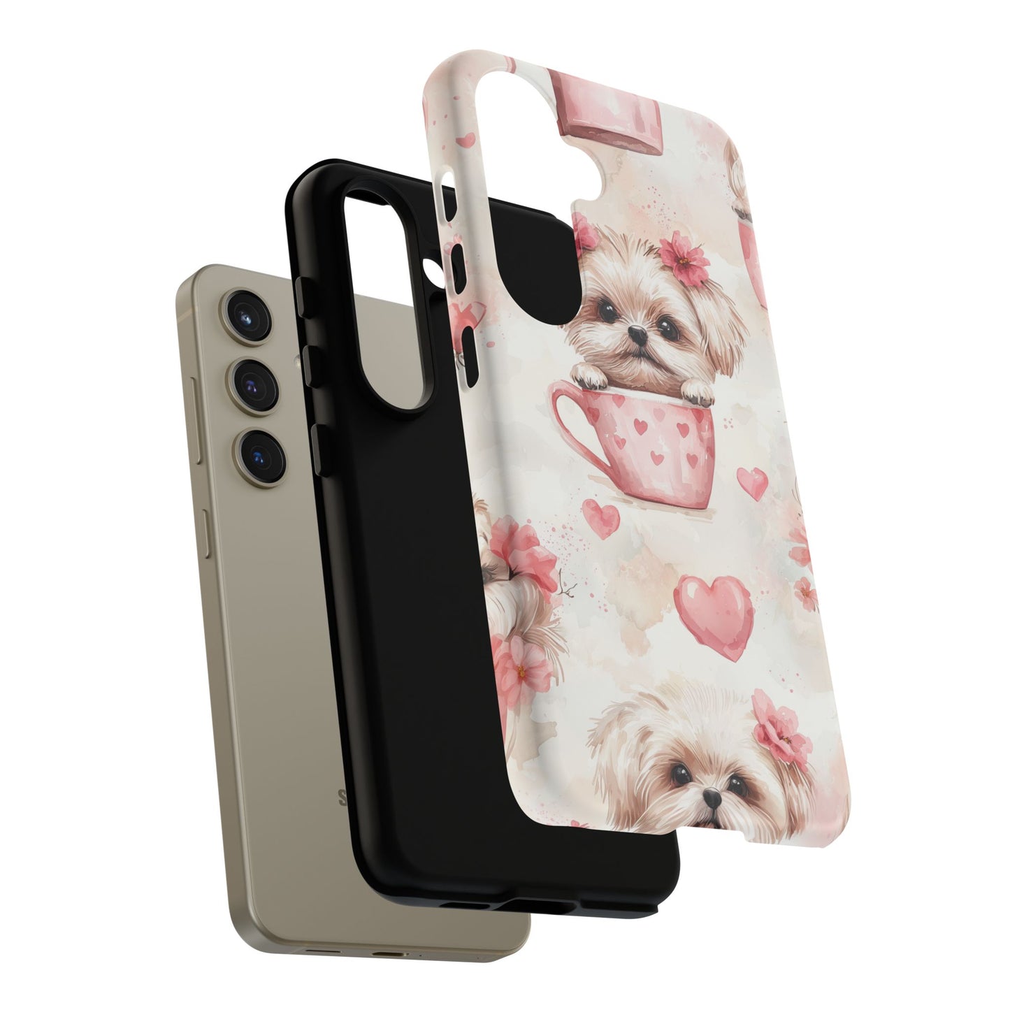 Floral Puppy in Teacup Samsung Galaxy Case – Cute Pink Flower Design, Tough Dual - Layer Protection - BOGO Cases