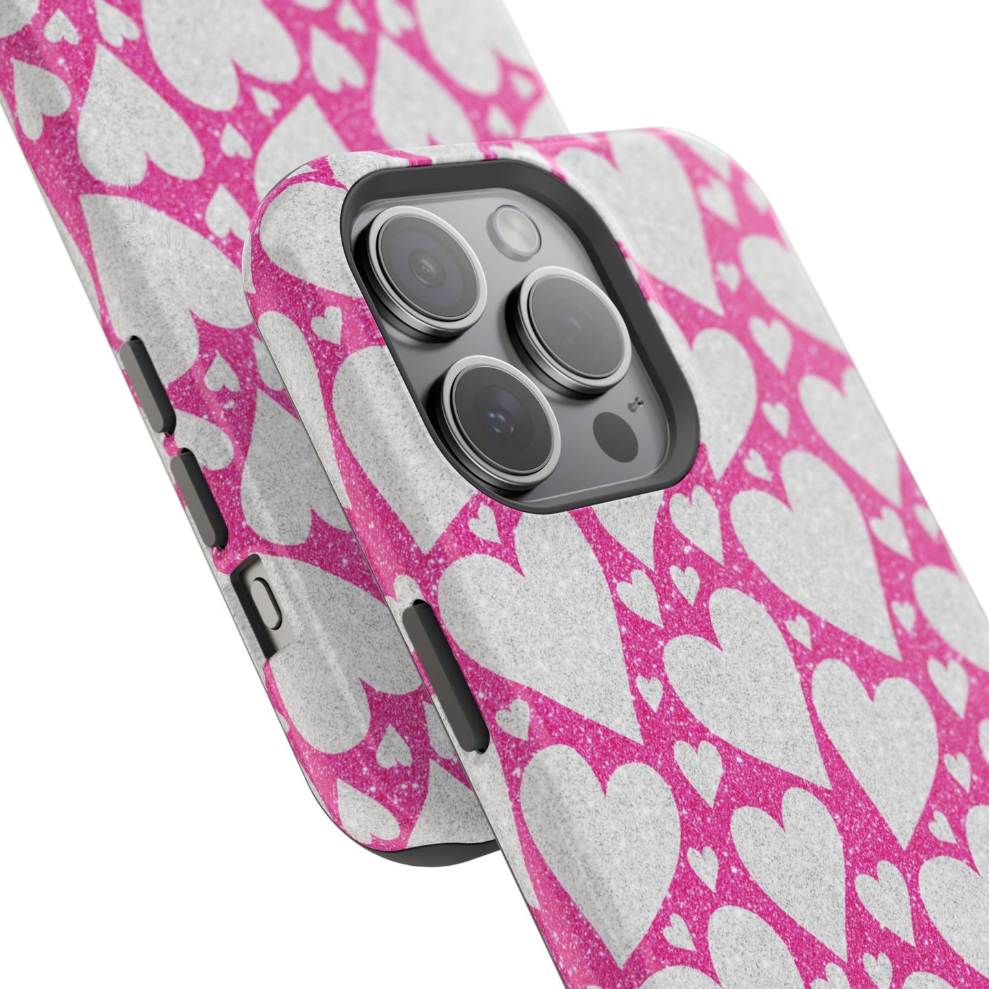 Pink and Silver Glitter Heart Pattern MagSafe Case