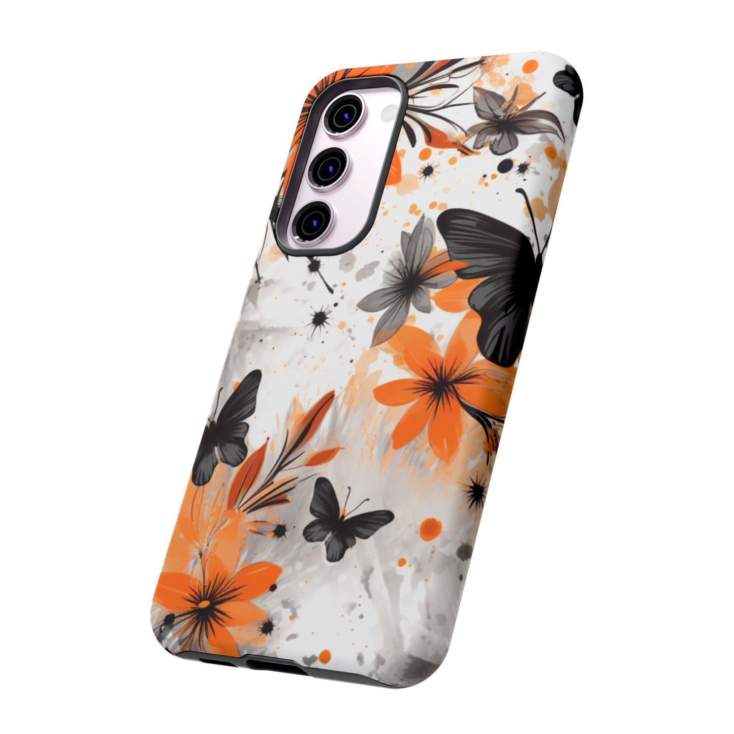 Orange Blossom & Black Butterfly Samsung Galaxy Case – Bold Floral Pattern with Modern Abstract Style