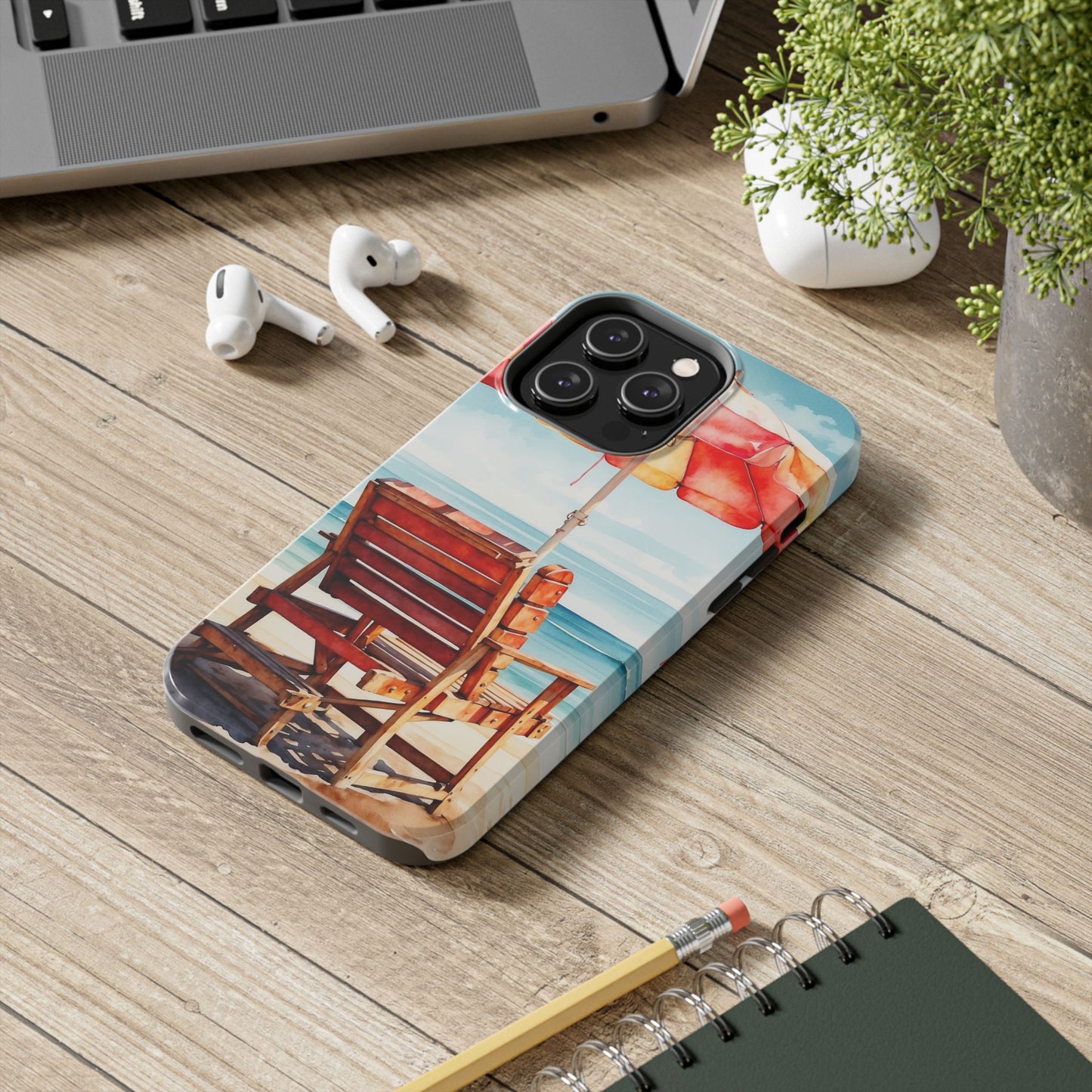 Beachfront Sunset Lounge iPhone Case – Vibrant Watercolor Design