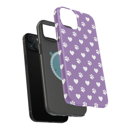 Lavender Paw Prints & Hearts Design - Adorable Pet Lover MagSafe iPhone Case