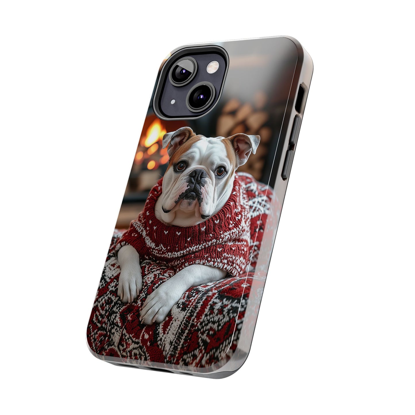 Cozy Bulldog in Sweater iPhone Case – Festive Fireplace Protective Cover