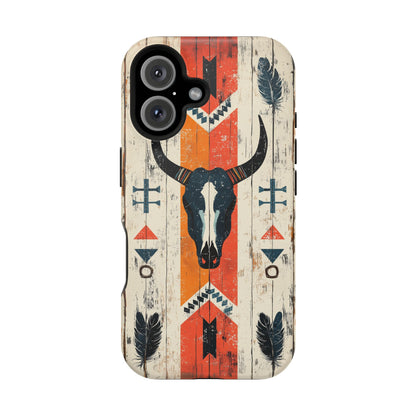 Rustic Western Bull Skull Tough MagSafe iPhone Case – Distressed Wood Design, Dual-Layer Protection