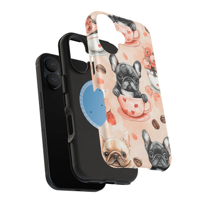 French Bulldogs in Heart Teacups MagSafe iPhone Case – Cute Dog & Floral Design, Shockproof Protection