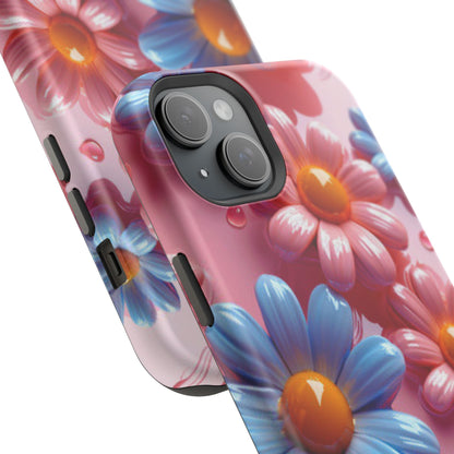 Pastel Daisy 3D MagSafe iPhone Case – Glossy Pink and Blue Floral Design, Full Protection