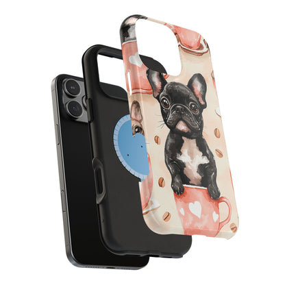 French Bulldogs in Coffee Cup MagSafe iPhone Case – Cute Dog Art, Shockproof & Slim Design