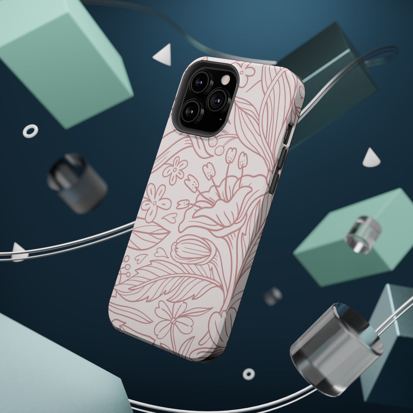 Blush Floral Line Art Tough MagSafe iPhone Case – Delicate Minimalist Design with Dual-Layer Protection