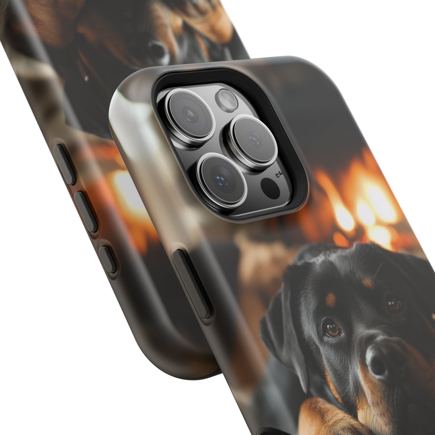 Cozy Rottweiler by the Fireplace MagSafe iPhone Case – Warm Rustic Design