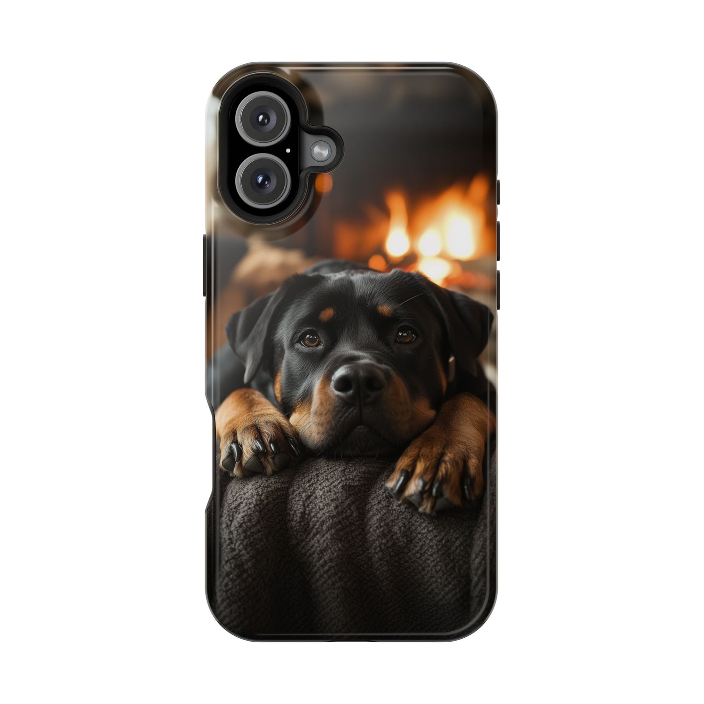 Cozy Rottweiler by the Fireplace MagSafe iPhone Case – Warm Rustic Design