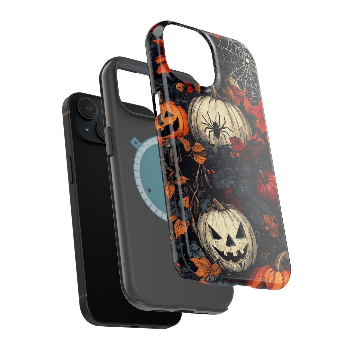 Hauntingly Elegant Halloween MagSafe iPhone Case – Pumpkins, Spiders, and Autumn Leaves Design