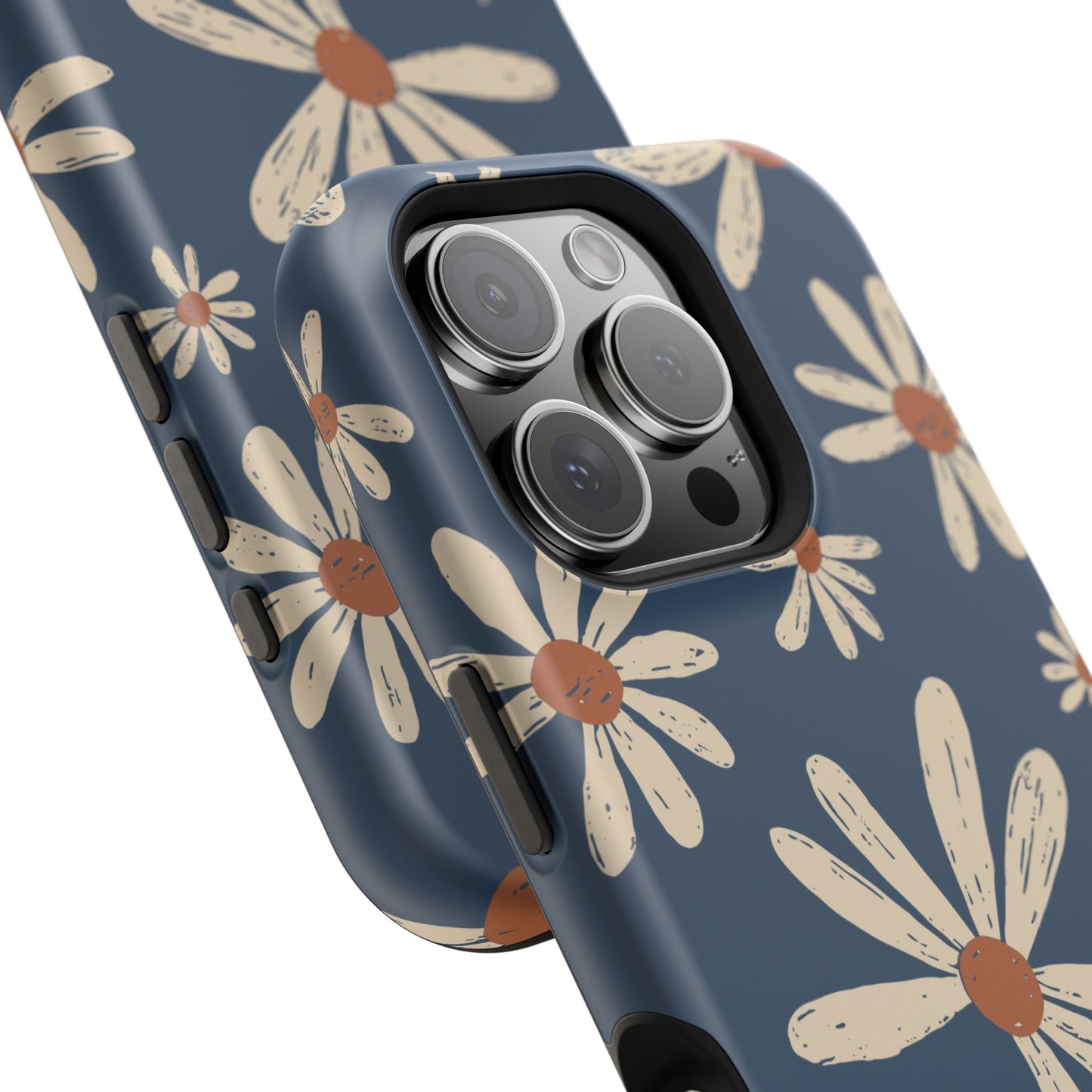 Vintage Daisies MagSafe iPhone Case – Navy Blue Floral Design, Scratch-Resistant with Shock-Absorbing Bumper