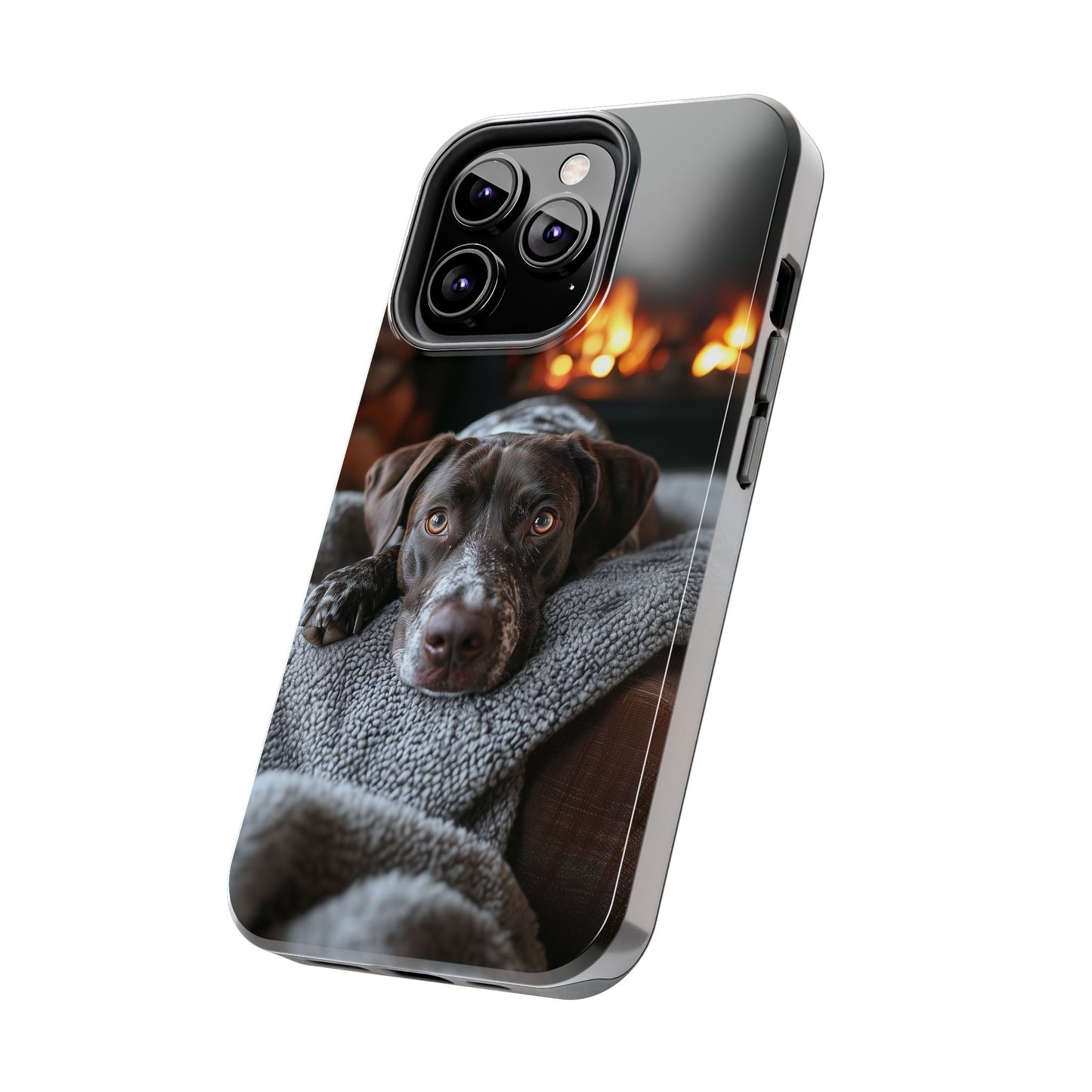 Cozy German Shorthaired Pointer iPhone Case – Rustic Fireplace Protective Cover