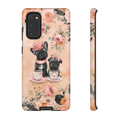 Floral French Bulldogs Samsung Galaxy Case – Elegant Dog Design with Tea Cups & Roses, Shockproof Protection