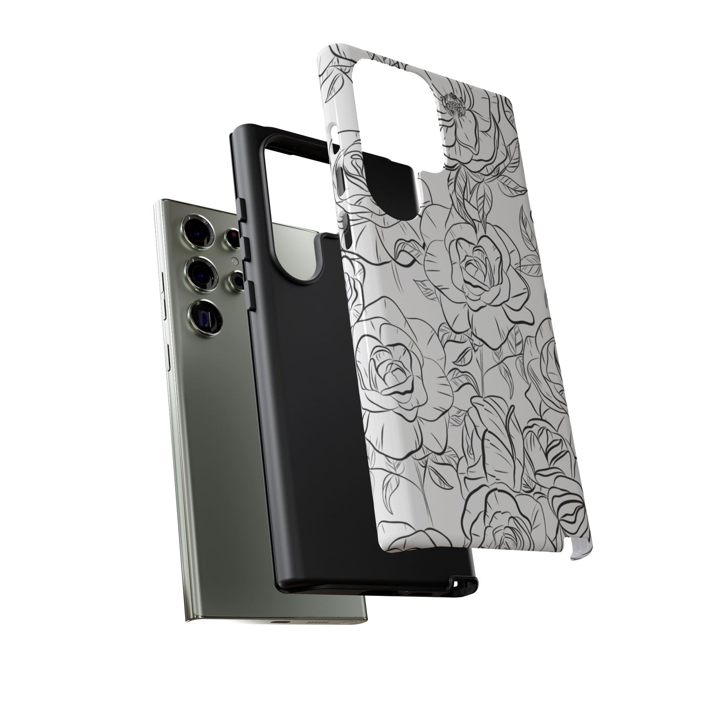 Monochrome Rose Garden Tough Samsung Galaxy Case – Elegant Floral Line Art with Dual-Layer Protection