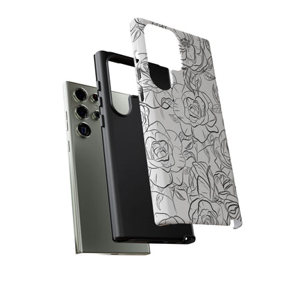 Monochrome Rose Garden Tough Samsung Galaxy Case – Elegant Floral Line Art with Dual-Layer Protection