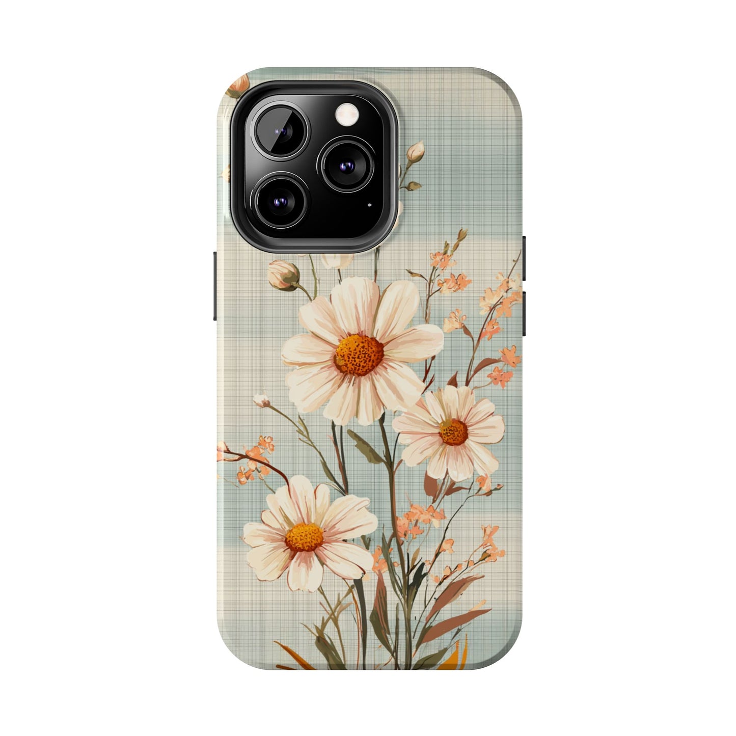 Vintage Plaid & Daisy Floral Tough iPhone Case – Dual-Layer Protection with Retro Flower Design