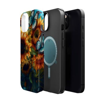 Aqua Blue Butterfly & Sunflower Art – MagSafe iPhone Case