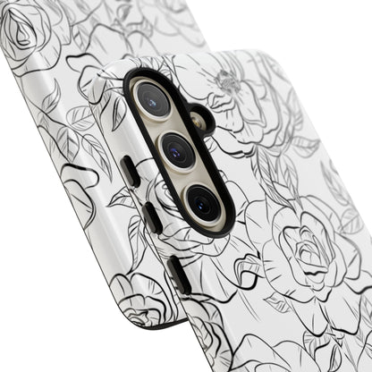 Monochrome Rose Garden Tough Samsung Galaxy Case – Elegant Floral Line Art with Dual-Layer Protection