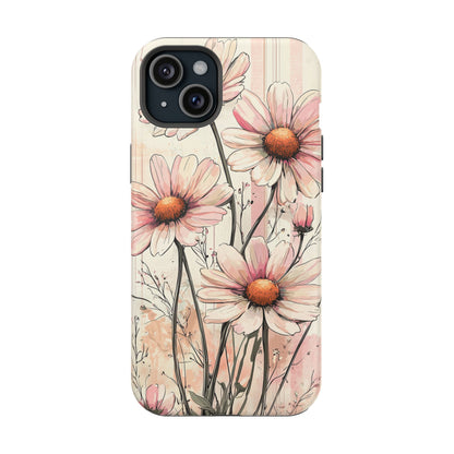 Pastel Pink Daisy MagSafe iPhone Case - Elegant Floral Plaid Protective Cover