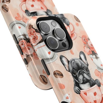 French Bulldogs in Heart Teacups MagSafe iPhone Case – Cute Dog & Floral Design, Shockproof Protection