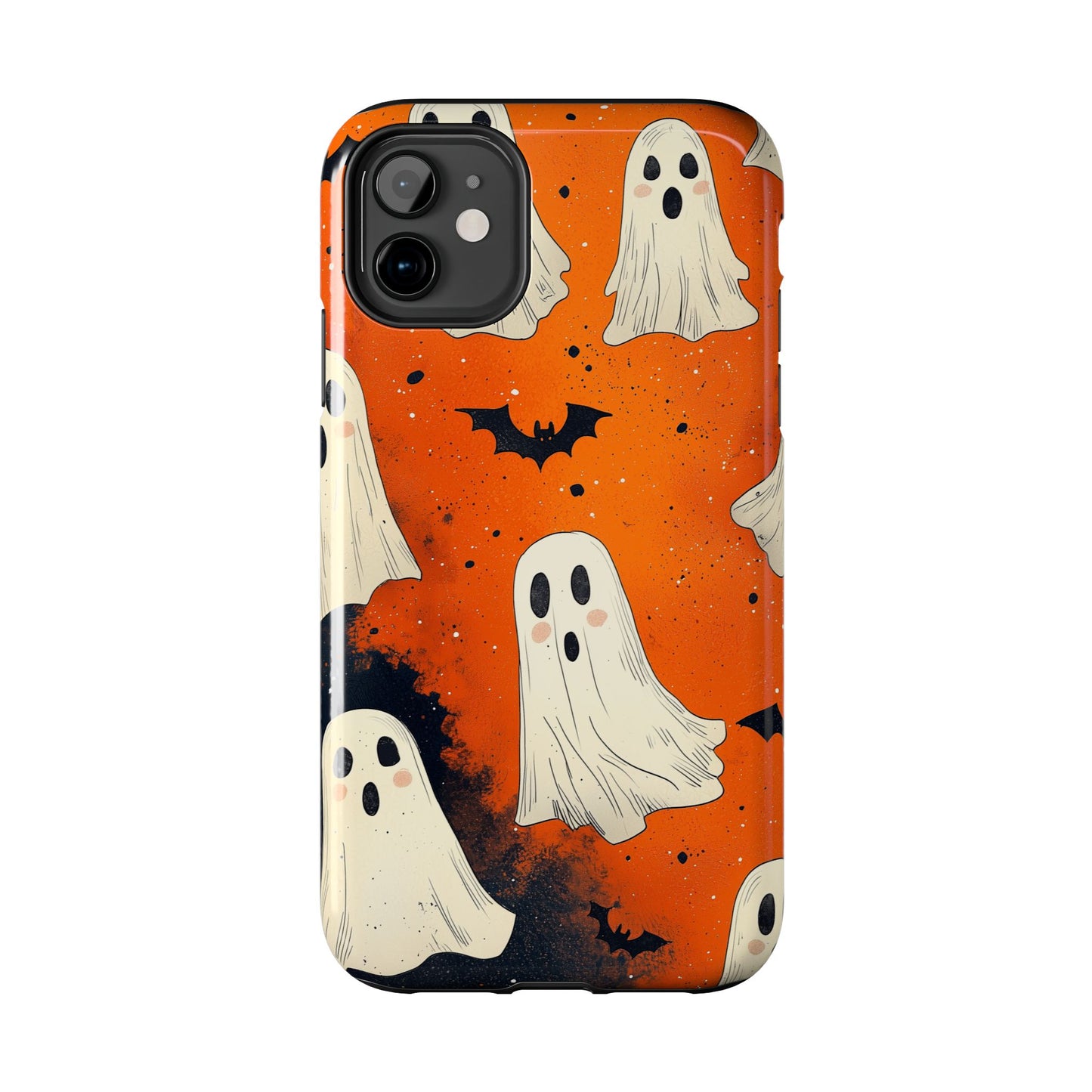 Spooky Ghosts & Bats iPhone Case – Vibrant Orange Halloween Design