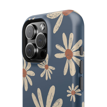 Vintage Daisies MagSafe iPhone Case – Navy Blue Floral Design, Scratch-Resistant with Shock-Absorbing Bumper