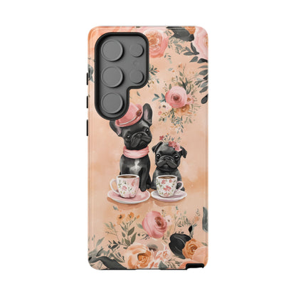 Floral French Bulldogs Samsung Galaxy Case – Elegant Dog Design with Tea Cups & Roses, Shockproof Protection