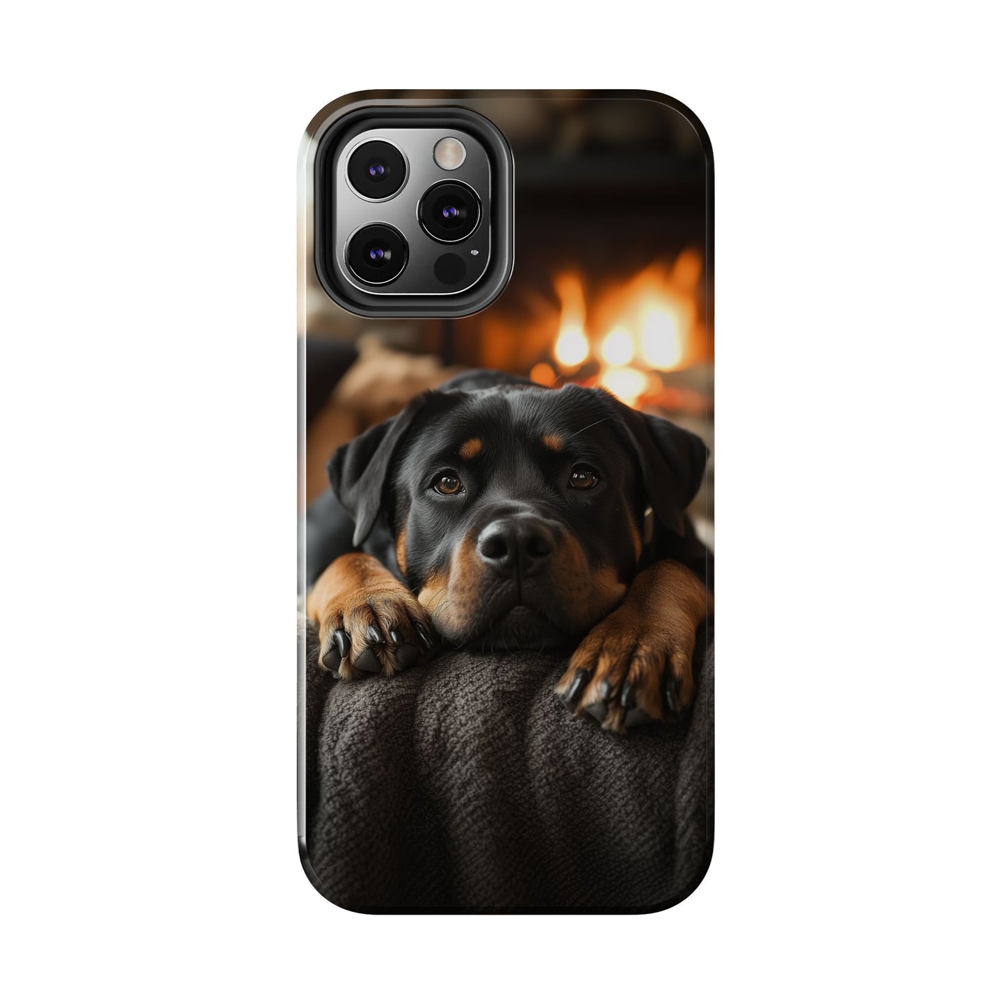 Cozy Rottweiler by the Fireplace iPhone Case – Warm Rustic Design