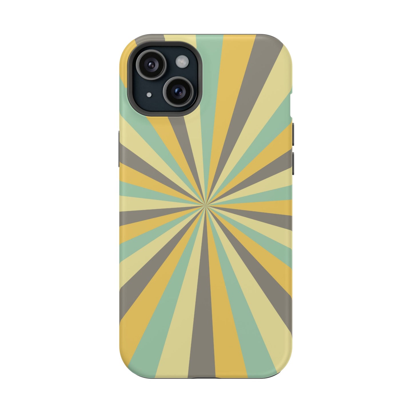 Vintage Sunburst Rays MagSafe iPhone Case – Bold 70s-Inspired Burst in Yellow, Mint, and Gray