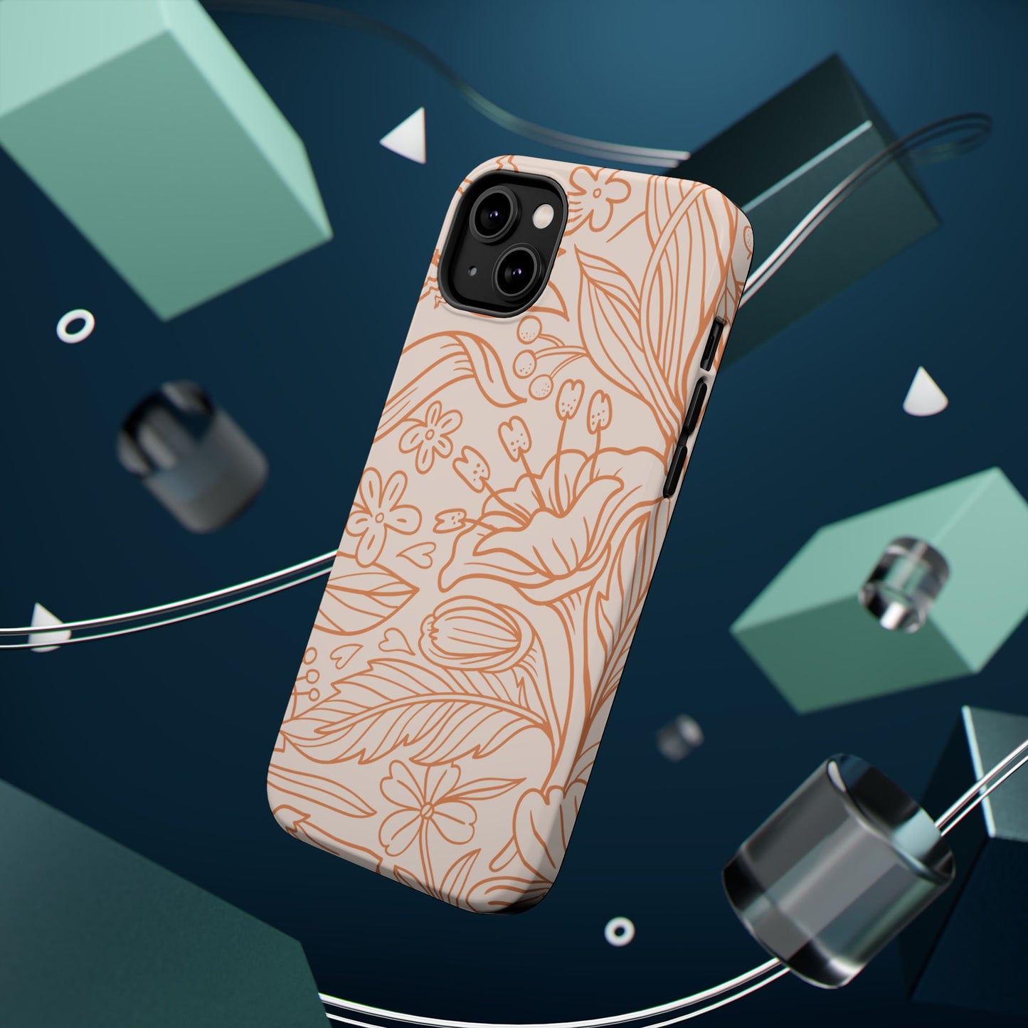 Soft Terracotta Floral Line Art Tough MagSafe iPhone Case – Minimalist Botanical Design with Dual-Layer Protection