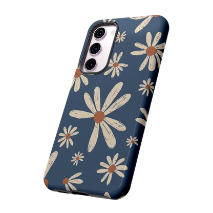 Vintage Daisies Samsung Galaxy Case – Navy Blue Floral Design, Scratch-Resistant with Shock-Absorbing Bumper