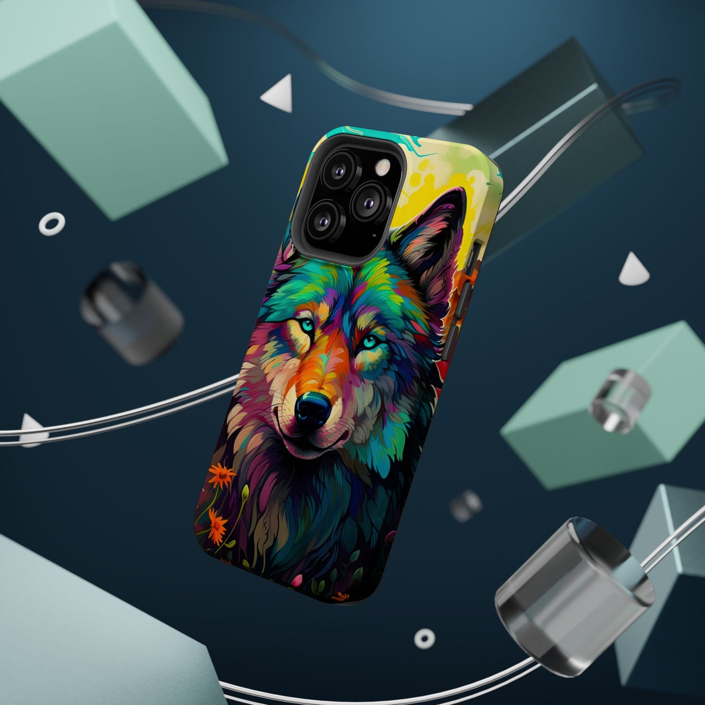 Rainbow Wolf in Bloom – MagSafe iPhone Case with Nature-Inspired Design