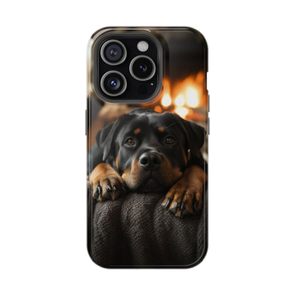 Cozy Rottweiler by the Fireplace MagSafe iPhone Case – Warm Rustic Design