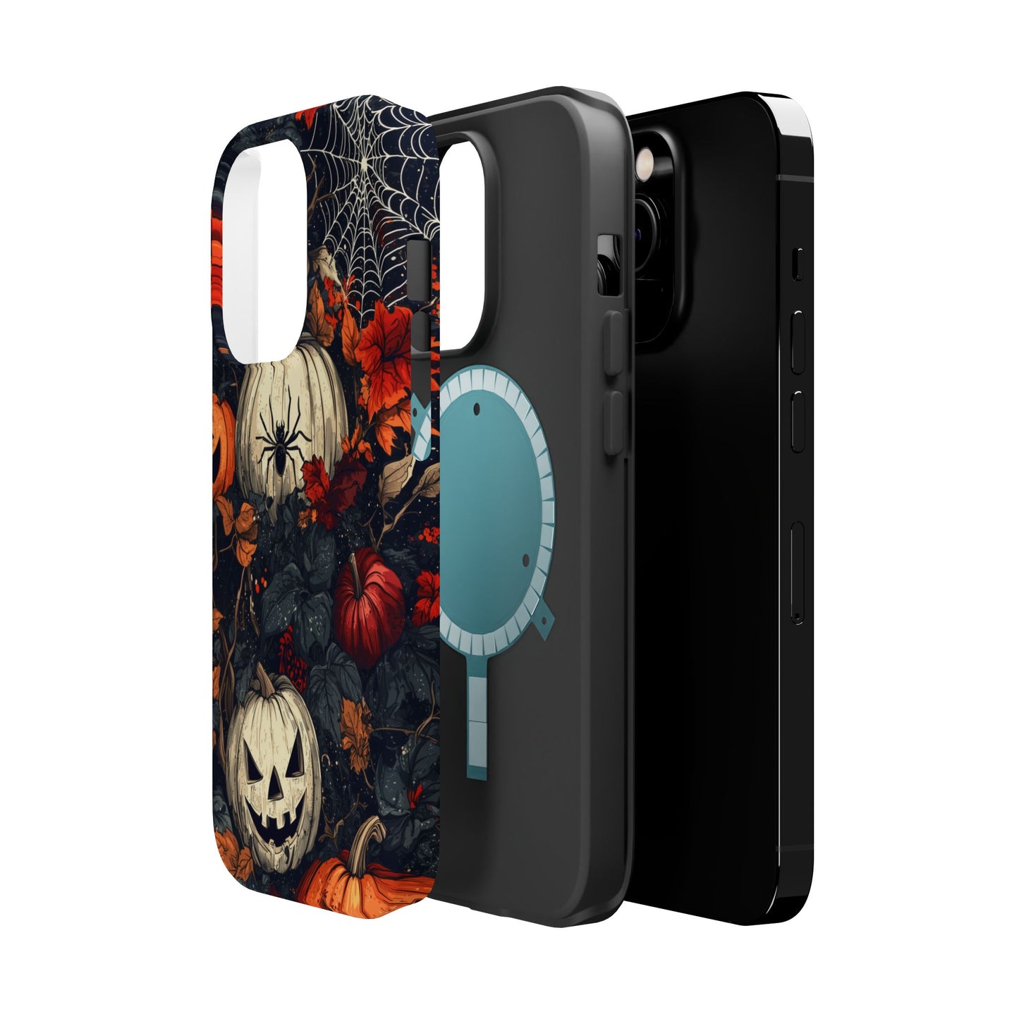 Hauntingly Elegant Halloween MagSafe iPhone Case – Pumpkins, Spiders, and Autumn Leaves Design