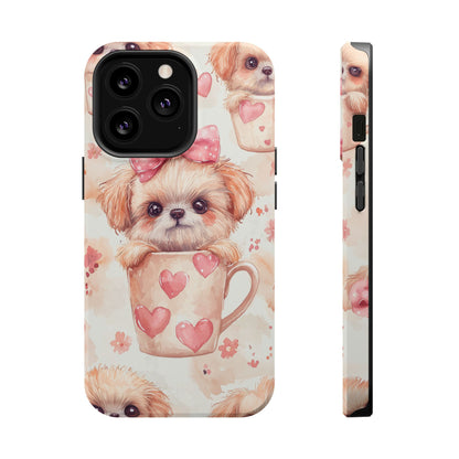 Adorable Puppy in Teacup MagSafe iPhone Case – Tough, Dual-Layer Protection with Cute Pink Bow Design