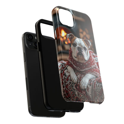 Cozy Bulldog in Sweater iPhone Case – Festive Fireplace Protective Cover