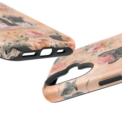 Floral French Bulldogs MagSafe iPhone Case – Elegant Dog Design with Tea Cups & Roses, Shockproof Protection