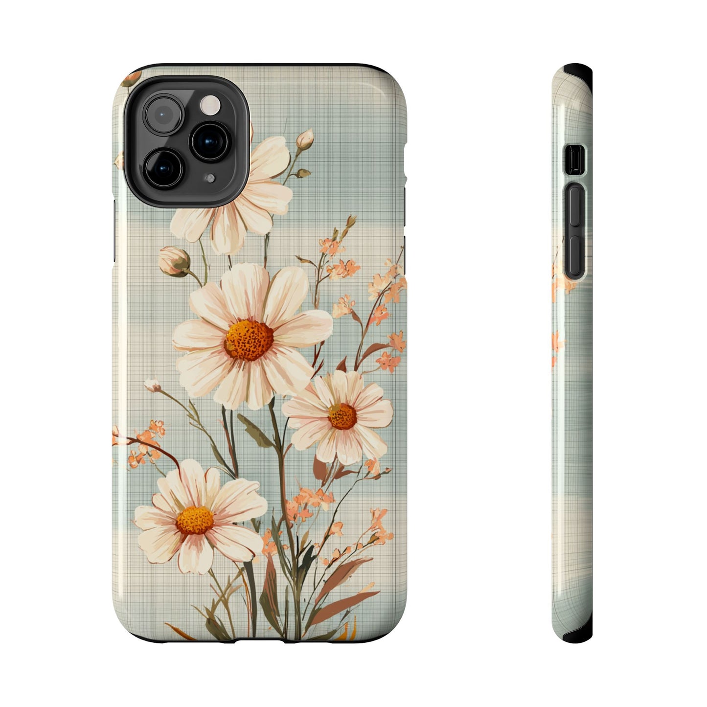 Vintage Plaid & Daisy Floral Tough iPhone Case – Dual-Layer Protection with Retro Flower Design