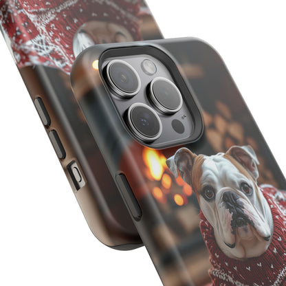 Cozy Bulldog in Sweater MagSafe iPhone Case – Festive Fireplace Protective Cover