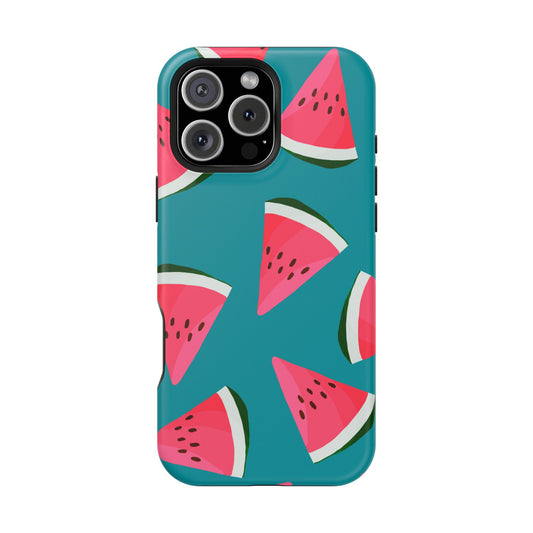 Watermelon Bliss MagSafe iPhone Case – Vibrant Summer Fruit Design on Teal Background