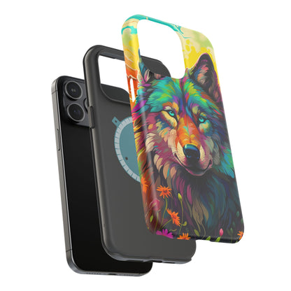 Rainbow Wolf in Bloom – MagSafe iPhone Case with Nature-Inspired Design