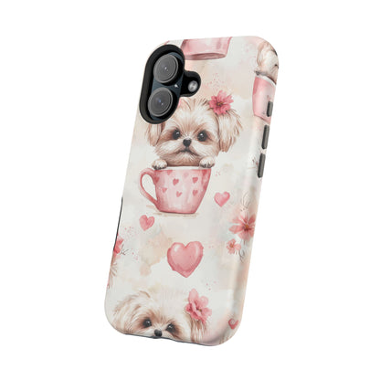 Floral Puppy in Teacup MagSafe iPhone Case – Cute Pink Flower Design, Tough Dual-Layer Protection