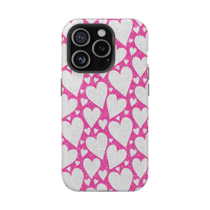 Pink and Silver Glitter Heart Pattern MagSafe Case