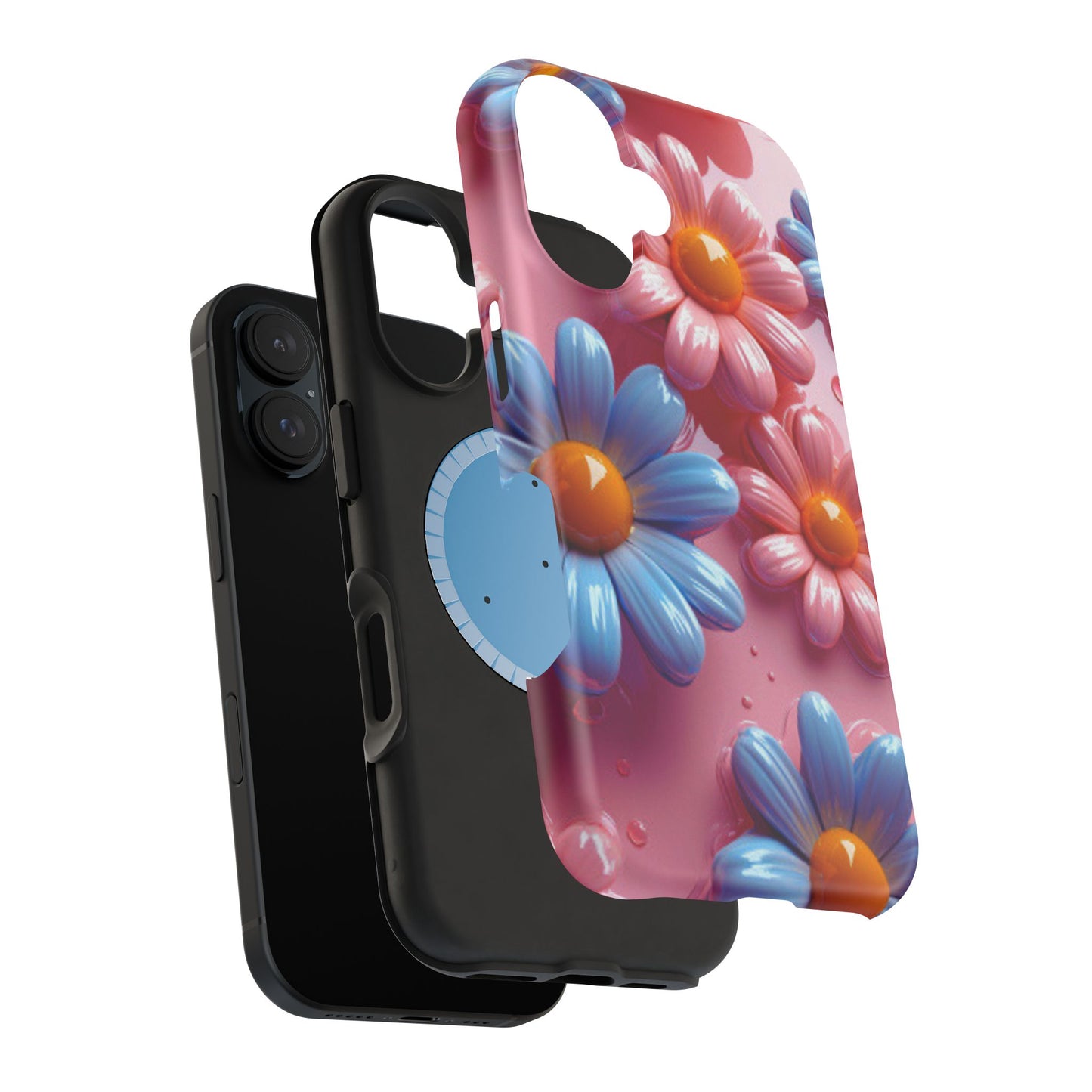 Pastel Daisy 3D MagSafe iPhone Case – Glossy Pink and Blue Floral Design, Full Protection