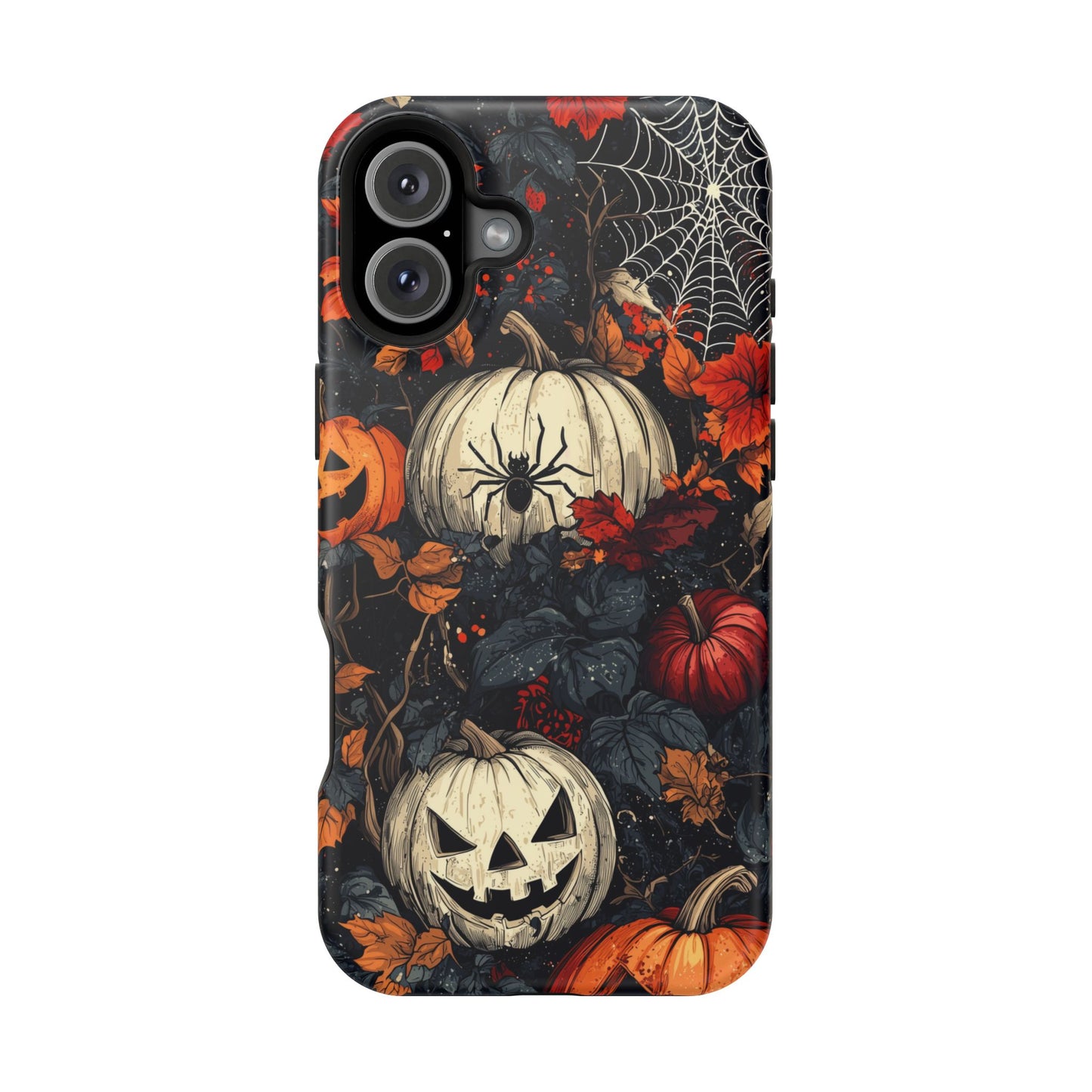 Hauntingly Elegant Halloween MagSafe iPhone Case – Pumpkins, Spiders, and Autumn Leaves Design