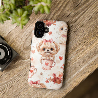 Puppies & Heart Mugs MagSafe iPhone Case – Sweet Dog & Floral Design, Shockproof & Slim