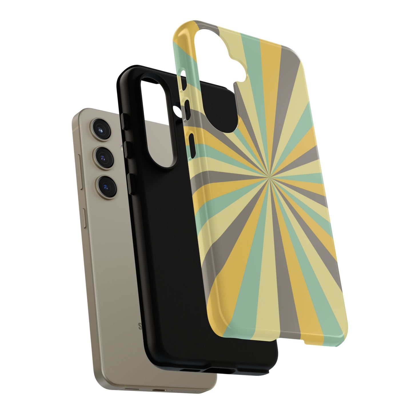 Vintage Sunburst Rays Samsung Galaxy Case – Bold 70s-Inspired Burst in Yellow, Mint, and Gray